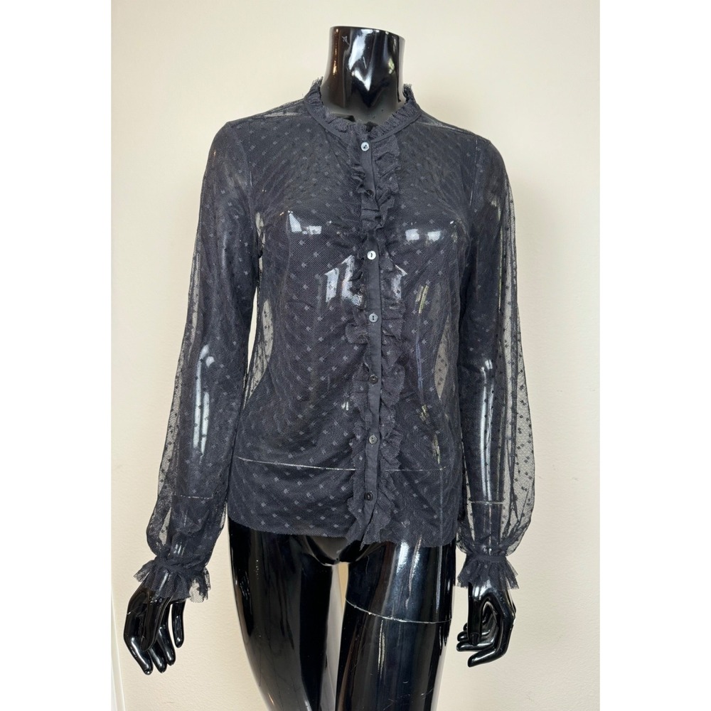 Hesperus Sheer Mesh Blouse Women L Black Swiss Dot Ruffle Victorian Style Top - Picture 2 of 10